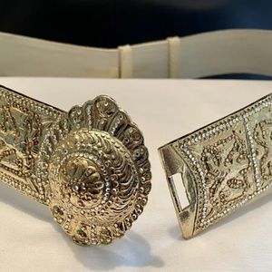 FINESSE LA MODEL Vintage Ivory Snakeskin Adj Belt w Gold Crystal Large Buckle